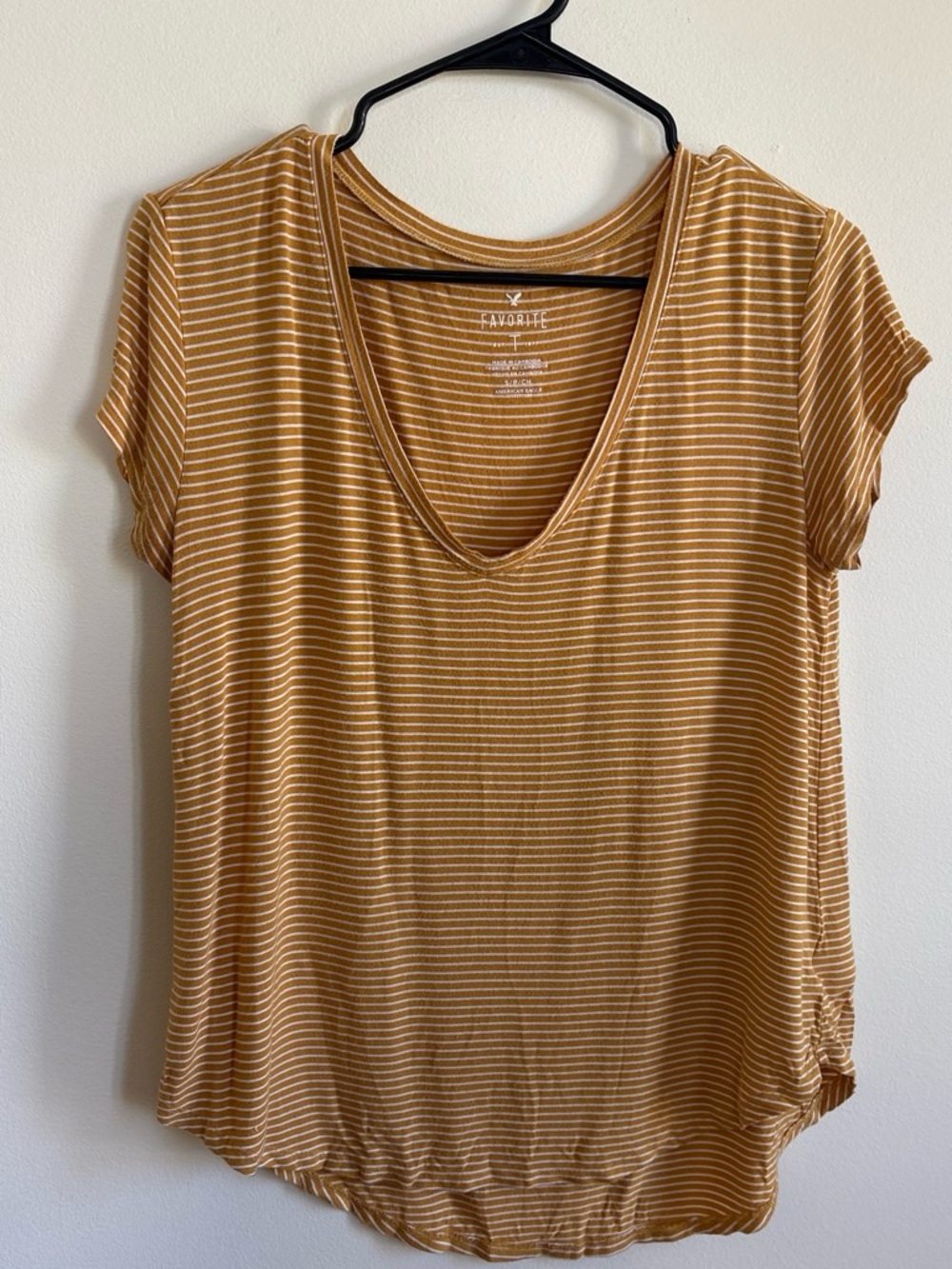 American Eagle Outfitters Mustard and White Striped V-Neck Tee